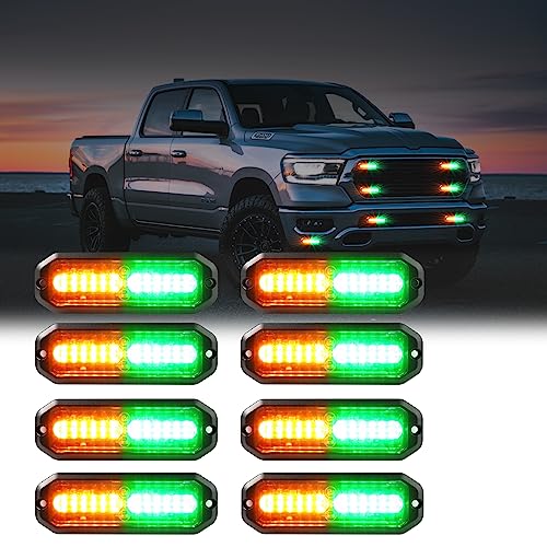 WINECO Green/Amber led strobe lights for trucks 8pcs 12-LED Surface Mount Flashing Strobe Lights kit for Trucks Car Vehicles LED Mini Grille Grill Strobe Light Head Emergency Hazard Warning lights