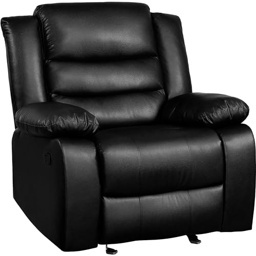 PrimeZone Oversized Rocker Recliner Chair - Comfy Wide Lazy Boy Recliner Chair with Overstuffed Armrest, Faux Leather Manual Reclining Chair for Living Room, Bedroom, Home Theater Seating, Black