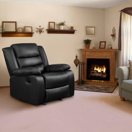 PrimeZone Oversized Rocker Recliner Chair - Comfy Wide Lazy Boy Recliner Chair with Overstuffed Armrest, Faux Leather Manual Reclining Chair for Living Room, Bedroom, Home Theater Seating, Black