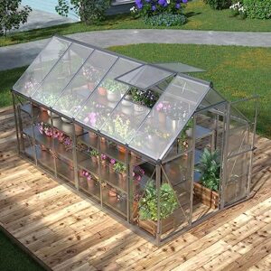 papababe 6x12 ft hybrid polycarbonate greenhouse with 2 vent window lockable hinged door walk-in hobby greenhouse aluminum hot house for outdoor sun room, silver