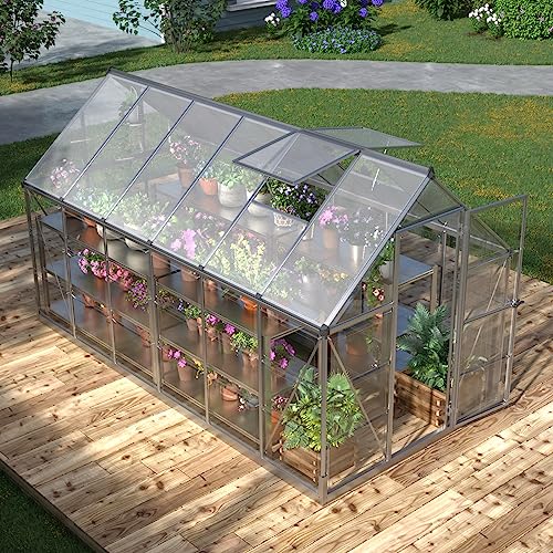 PAPABABE 6x12 FT Hybrid Polycarbonate Greenhouse with 2 Vent Window Lockable Hinged Door Walk-in Hobby Greenhouse Aluminum Hot House for Outdoor Sun Room, Silver