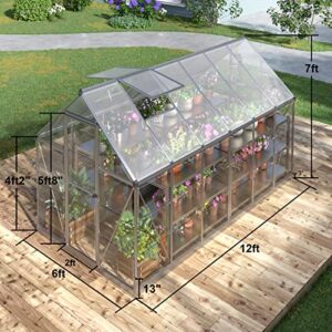 PAPABABE 6x12 FT Hybrid Polycarbonate Greenhouse with 2 Vent Window Lockable Hinged Door Walk-in Hobby Greenhouse Aluminum Hot House for Outdoor Sun Room, Silver