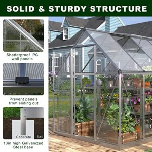 PAPABABE 6x12 FT Hybrid Polycarbonate Greenhouse with 2 Vent Window Lockable Hinged Door Walk-in Hobby Greenhouse Aluminum Hot House for Outdoor Sun Room, Silver
