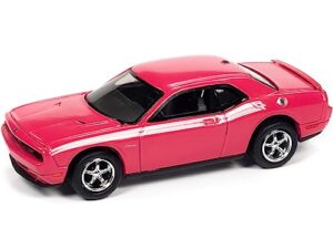 2010 challenger r/t furious fuchsia pink with white stripes and collector tin limited edition to 5036 pieces worldwide 1/64 diecast model car by johnny lightning jlct006-jlsp147b