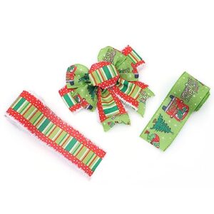 1.5" and 2.5'' Green Cute Merry Grinchmas Wired Ribbon .Glitter Red and Green Polka Dot,Stripe Furry Edge Printed Christmas Wired Ribbon 6 Rolls Total 30 Yards in Length