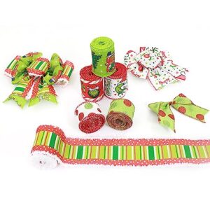 1.5" and 2.5'' Green Cute Merry Grinchmas Wired Ribbon .Glitter Red and Green Polka Dot,Stripe Furry Edge Printed Christmas Wired Ribbon 6 Rolls Total 30 Yards in Length