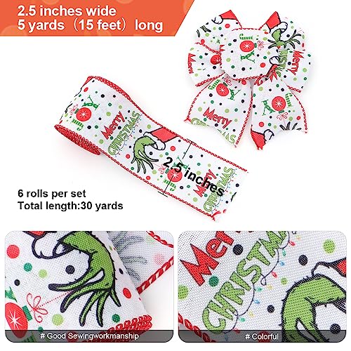 1.5" and 2.5'' Green Cute Merry Grinchmas Wired Ribbon .Glitter Red and Green Polka Dot,Stripe Furry Edge Printed Christmas Wired Ribbon 6 Rolls Total 30 Yards in Length