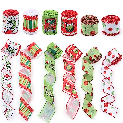 1.5" and 2.5'' Green Cute Merry Grinchmas Wired Ribbon .Glitter Red and Green Polka Dot,Stripe Furry Edge Printed Christmas Wired Ribbon 6 Rolls Total 30 Yards in Length