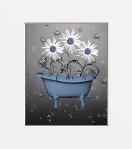 bathroom wall decor, blue wall pictures, daisy flower bubbles matted wall art picture