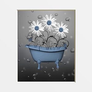 Bathroom Wall Decor, Blue Wall Pictures, Daisy Flower Bubbles Matted Wall Art Picture