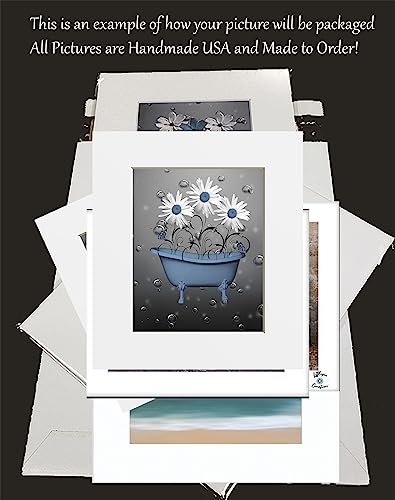 Bathroom Wall Decor, Blue Wall Pictures, Daisy Flower Bubbles Matted Wall Art Picture