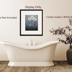 Bathroom Wall Decor, Blue Wall Pictures, Daisy Flower Bubbles Matted Wall Art Picture