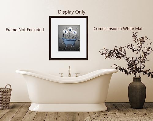 Bathroom Wall Decor, Blue Wall Pictures, Daisy Flower Bubbles Matted Wall Art Picture