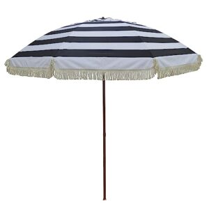 bayside21 8ft patio umbrella with fringe, 8' outdoor tassel umbrella upf50+, push button tilt,1.25 inch dia. steel pole with wood grain finish and 8 ribs, black wide stripe design umbrella canopy