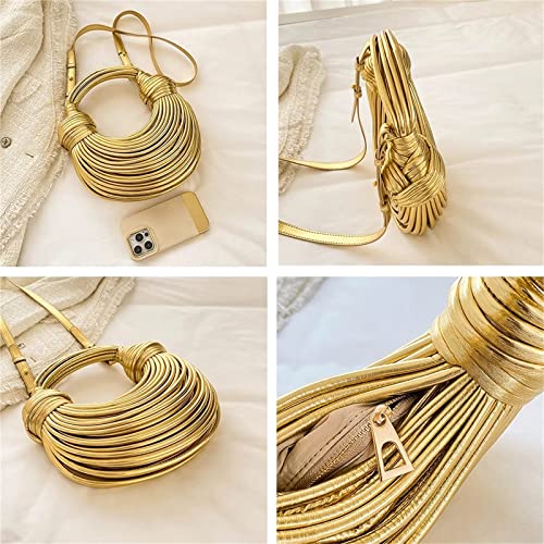 Woven Crossbody Bag for Women, Small Leather Clutch Purse, Knotted Bread Handbag, Top Handle Noodles Satchel Bag (Golden)