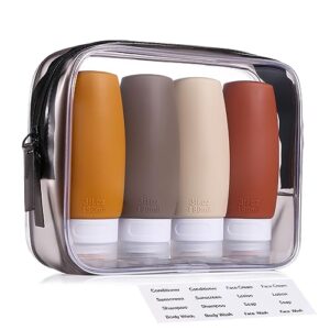 liyuabu silicone travel bottles for toiletries,tsa approved 3oz 4pack portable refillable travel bottles,leak proof bpa free squeezable travel size containers accessories with toiletry bag（brown）