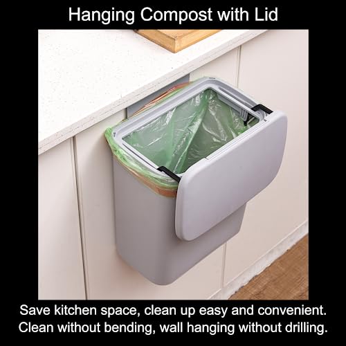 Cq acrylic Hanging Trash Can with Lid 2.4 Gallon Kitchen Compost Bin for Under Sink 9L Plastic Wall Mounted Waste Basket,Small Kitchen Garbage Can,Food Waste Bin for Countertop