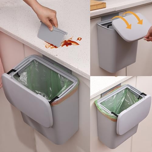 Cq acrylic Hanging Trash Can with Lid 2.4 Gallon Kitchen Compost Bin for Under Sink 9L Plastic Wall Mounted Waste Basket,Small Kitchen Garbage Can,Food Waste Bin for Countertop