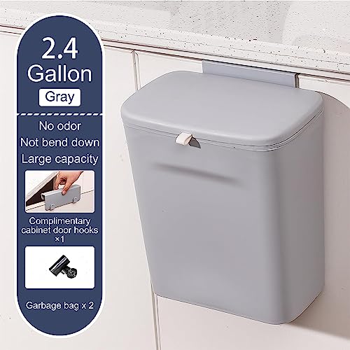 Cq acrylic Hanging Trash Can with Lid 2.4 Gallon Kitchen Compost Bin for Under Sink 9L Plastic Wall Mounted Waste Basket,Small Kitchen Garbage Can,Food Waste Bin for Countertop