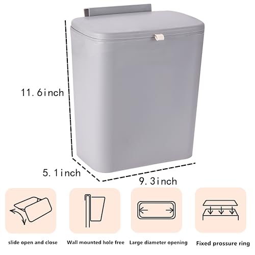 Cq acrylic Hanging Trash Can with Lid 2.4 Gallon Kitchen Compost Bin for Under Sink 9L Plastic Wall Mounted Waste Basket,Small Kitchen Garbage Can,Food Waste Bin for Countertop