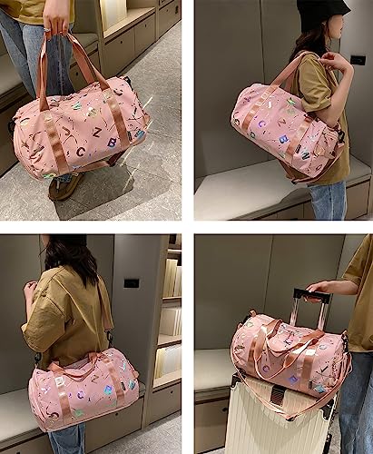 Small Gym Bag for Women, Cute Sports Travel Duffel Bags with Shoe Compartment & Wet Pocket, Carry On Weekender Overnight Bag Gym Tote Bag for Weekend Getway Workout Yoga (Pink)