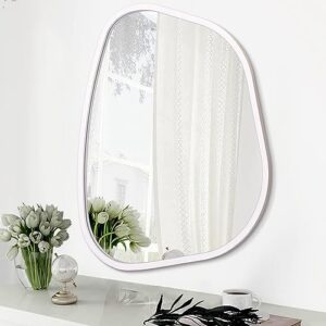 irregular oval wall mirror large white 20"x16" inches asymmetrical mirror modern wood frame unique shape wall mounted vanity artistic mirror decor for living room bedroom bathroom entryway hallway