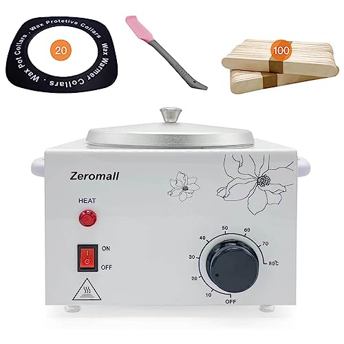 Single Pot Wax Warmer, Professional Electric Wax Heater Machine Facial Skin SPA Equipment with Adjustable Temperature Set, 100 Wax Sticks & 20 Collars & 1 Scraper