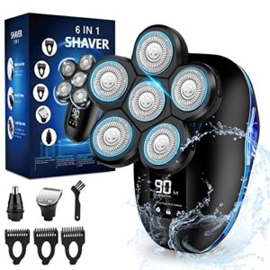 head shaver for men, upgrade 6-in-1 mens electric shaver bald head shaver cordless razor for men ipx7 waterproof rotary shaver grooming kit, face head shaver with nose hair sideburns trimmer(silver)
