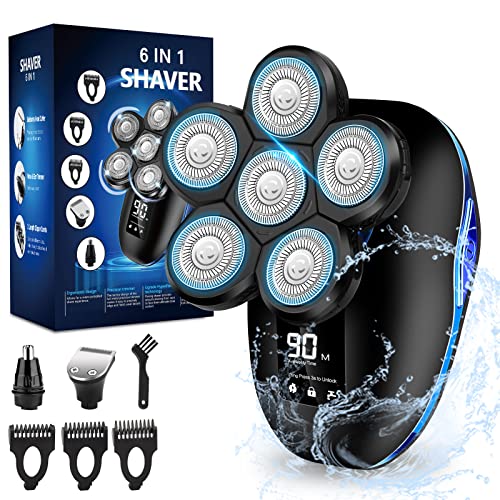 Head Shaver for Men, Upgrade 6-in-1 Mens Electric Shaver Bald Head Shaver Cordless Razor for Men IPX7 Waterproof Rotary Shaver Grooming Kit, Face Head Shaver with Nose Hair Sideburns Trimmer(Silver)