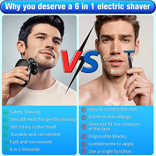 Head Shaver for Men, Upgrade 6-in-1 Mens Electric Shaver Bald Head Shaver Cordless Razor for Men IPX7 Waterproof Rotary Shaver Grooming Kit, Face Head Shaver with Nose Hair Sideburns Trimmer(Silver)