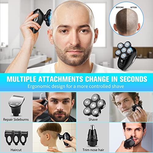 Head Shaver for Men, Upgrade 6-in-1 Mens Electric Shaver Bald Head Shaver Cordless Razor for Men IPX7 Waterproof Rotary Shaver Grooming Kit, Face Head Shaver with Nose Hair Sideburns Trimmer(Silver)