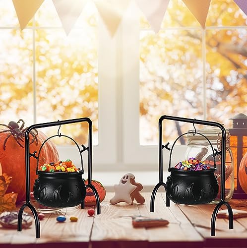 Ahzemepinyo Halloween Witches Cauldron Serving Bowls Rack Decor Set 2 Pieces Black Plastic Candy Bucket Cauldron with 2 Pieces Cauldron Rack for Halloween Party Trick or Treat Decorations