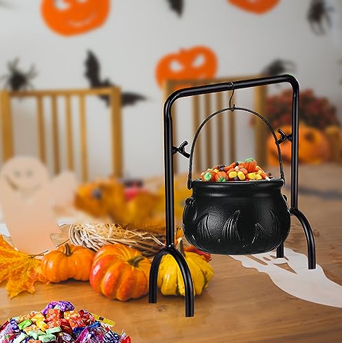 Ahzemepinyo Halloween Witches Cauldron Serving Bowls Rack Decor Set 2 Pieces Black Plastic Candy Bucket Cauldron with 2 Pieces Cauldron Rack for Halloween Party Trick or Treat Decorations