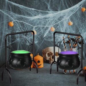 Ahzemepinyo Halloween Witches Cauldron Serving Bowls Rack Decor Set 2 Pieces Black Plastic Candy Bucket Cauldron with 2 Pieces Cauldron Rack for Halloween Party Trick or Treat Decorations