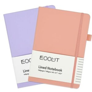 eoout lined journal notebook for women, 2 pack, 5.7 x 8.3 inches, cute aesthetic college ruled, leather hardcover notebook, 160 pages, back pocket, office school supplies gifts, blush, lavender