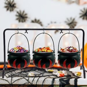 ahzemepinyo halloween witches cauldron serving bowls with hangers on the rack 3 pieces black plastic candy bucket cauldron with cauldron rack hanging stand for halloween party decorations