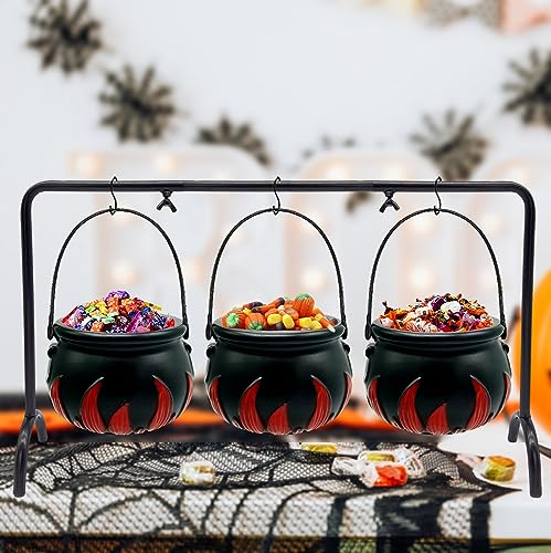 Ahzemepinyo Halloween Witches Cauldron Serving Bowls with Hangers On the Rack 3 Pieces Black Plastic Candy Bucket Cauldron with Cauldron Rack Hanging Stand for Halloween Party Decorations