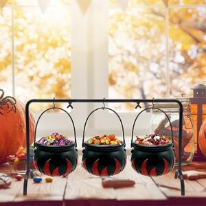 Ahzemepinyo Halloween Witches Cauldron Serving Bowls with Hangers On the Rack 3 Pieces Black Plastic Candy Bucket Cauldron with Cauldron Rack Hanging Stand for Halloween Party Decorations