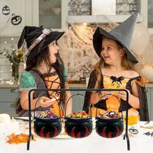 Ahzemepinyo Halloween Witches Cauldron Serving Bowls with Hangers On the Rack 3 Pieces Black Plastic Candy Bucket Cauldron with Cauldron Rack Hanging Stand for Halloween Party Decorations