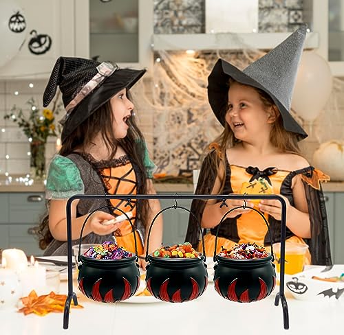 Ahzemepinyo Halloween Witches Cauldron Serving Bowls with Hangers On the Rack 3 Pieces Black Plastic Candy Bucket Cauldron with Cauldron Rack Hanging Stand for Halloween Party Decorations