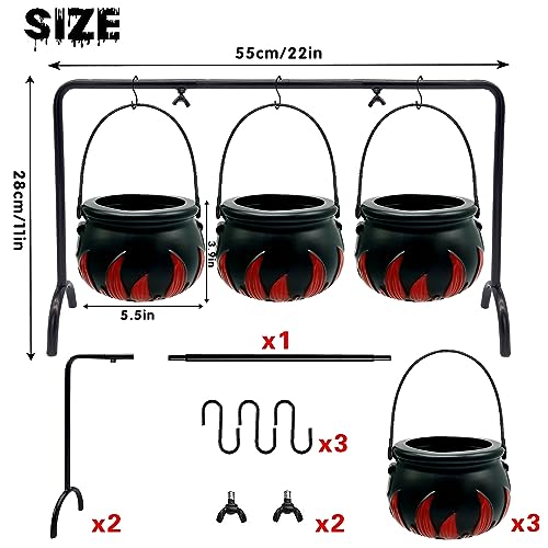 Ahzemepinyo Halloween Witches Cauldron Serving Bowls with Hangers On the Rack 3 Pieces Black Plastic Candy Bucket Cauldron with Cauldron Rack Hanging Stand for Halloween Party Decorations