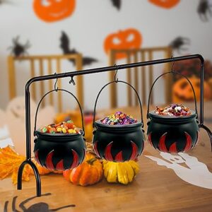 Ahzemepinyo Halloween Witches Cauldron Serving Bowls with Hangers On the Rack 3 Pieces Black Plastic Candy Bucket Cauldron with Cauldron Rack Hanging Stand for Halloween Party Decorations