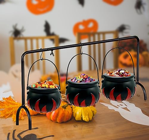 Ahzemepinyo Halloween Witches Cauldron Serving Bowls with Hangers On the Rack 3 Pieces Black Plastic Candy Bucket Cauldron with Cauldron Rack Hanging Stand for Halloween Party Decorations