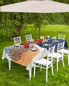 outdoor tablecloth with umbrella hole and zipper,mid century terracotta abstract geometry waterproof tablecloths for rectangle tables,washable table cloth burnt orange navy block gold line 60x84in