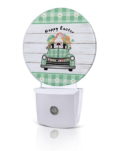 Night Light Plug into Wall, LED Nightlights Happy Easter Truck Green White Buffalo Plaid Rustic Wood Grain Small Nightlight Auto Dusk-to-Dawn Sensor Lamp LED Night Lights for Kid's Bedroom, Bathroom