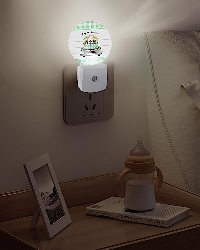 Night Light Plug into Wall, LED Nightlights Happy Easter Truck Green White Buffalo Plaid Rustic Wood Grain Small Nightlight Auto Dusk-to-Dawn Sensor Lamp LED Night Lights for Kid's Bedroom, Bathroom