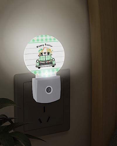 Night Light Plug into Wall, LED Nightlights Happy Easter Truck Green White Buffalo Plaid Rustic Wood Grain Small Nightlight Auto Dusk-to-Dawn Sensor Lamp LED Night Lights for Kid's Bedroom, Bathroom