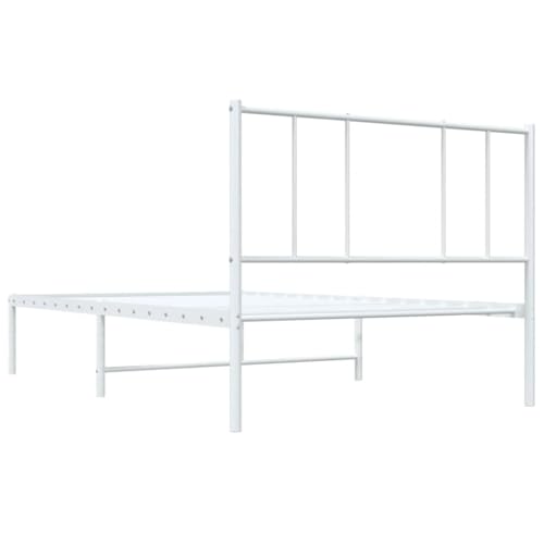 vidaXL Classic White Metal Bed Frame with Durable Powder-Coated Steel, Supportive Headboard, Robust Slats and Extra Storage Space – 39.4"x74.8"