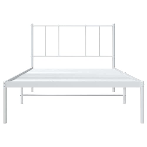 vidaXL Classic White Metal Bed Frame with Durable Powder-Coated Steel, Supportive Headboard, Robust Slats and Extra Storage Space – 39.4"x74.8"