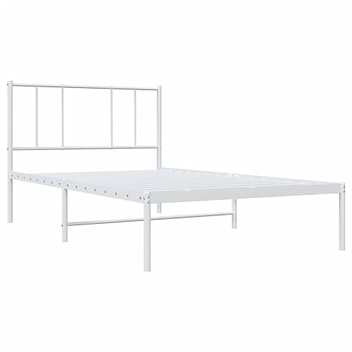 vidaXL Classic White Metal Bed Frame with Durable Powder-Coated Steel, Supportive Headboard, Robust Slats and Extra Storage Space – 39.4"x74.8"